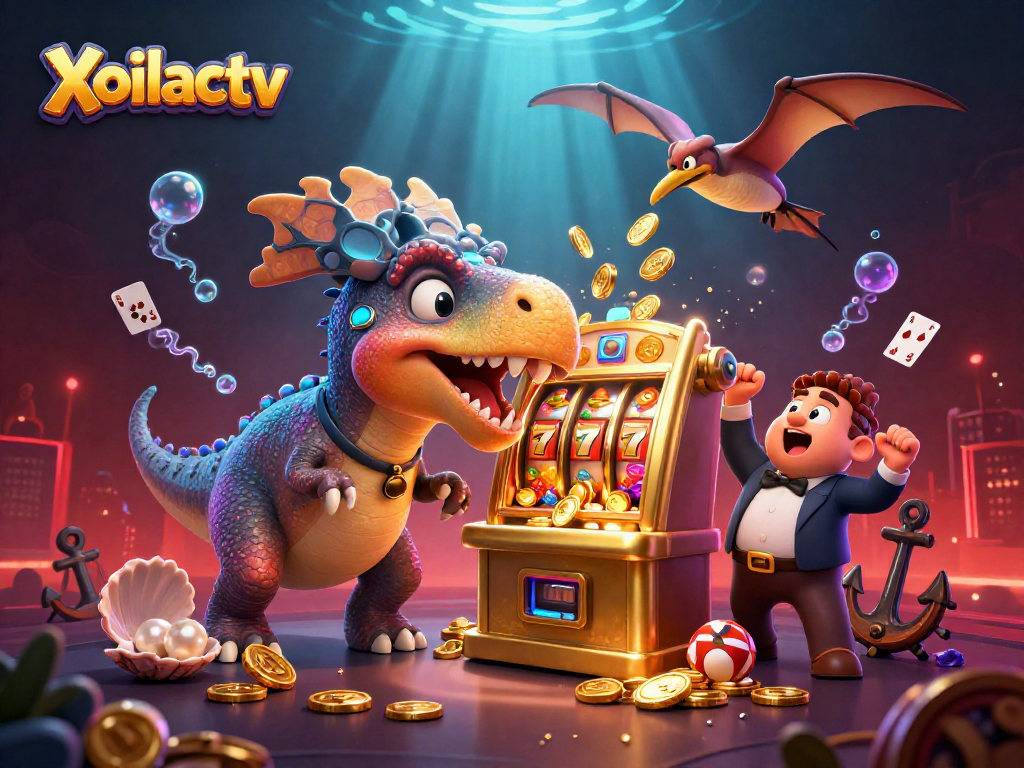 Xoilactv showcases a pachycephalosaurus hitting a slot machine for jackpot coins in a vibrant casino scene.
