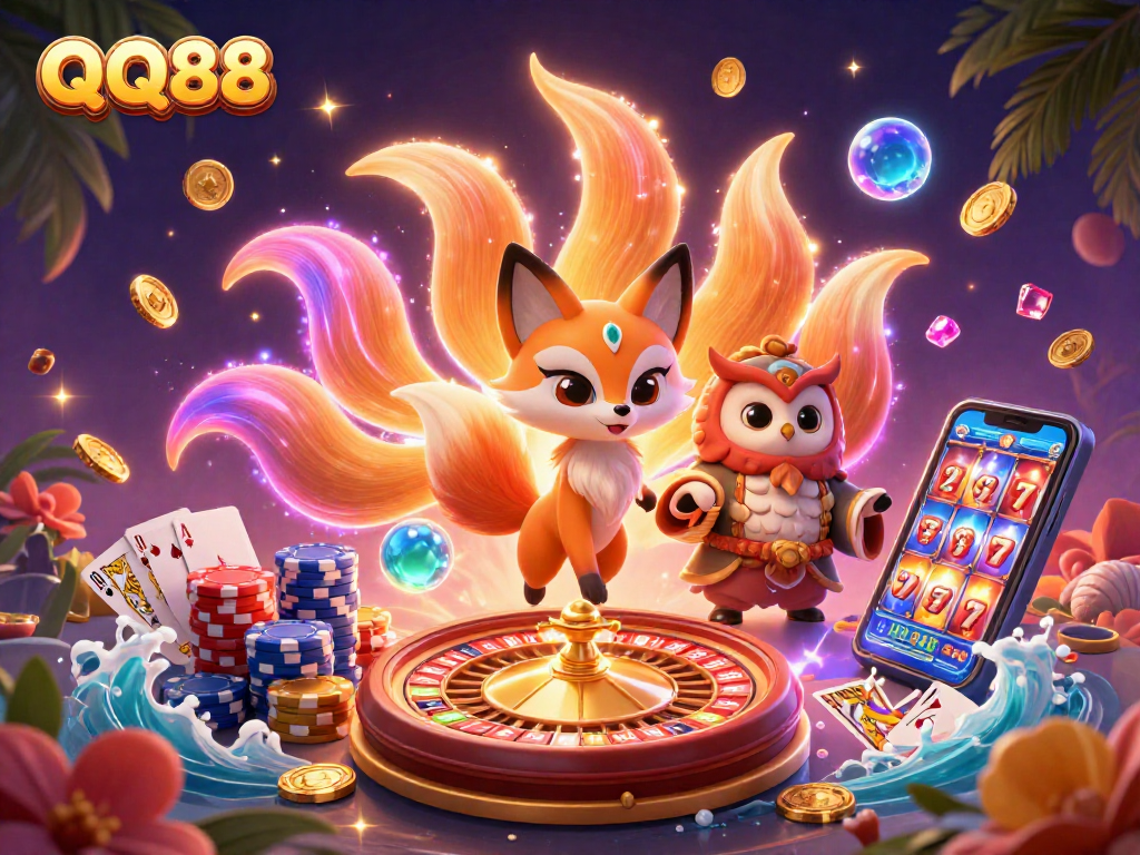 Engage with QQ88's vibrant casino world featuring a glowing nine-tailed fox and wise owl amidst cascading coins.