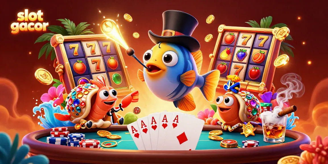 Engage with slot gacor excitement as anglerfish and shrimp celebrate jackpot wins.