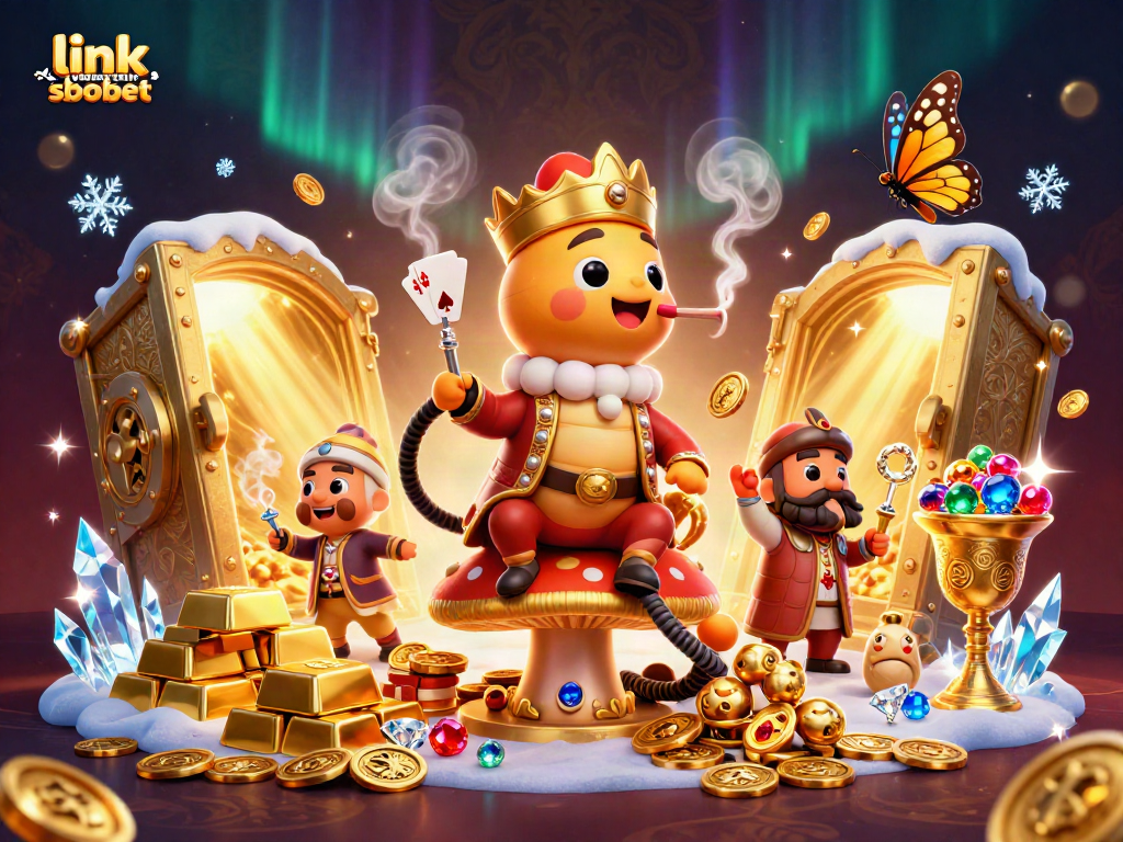 Engage in thrilling action with link alternatif sbobet, featuring a vibrant casino scene with animated characters and treasures.