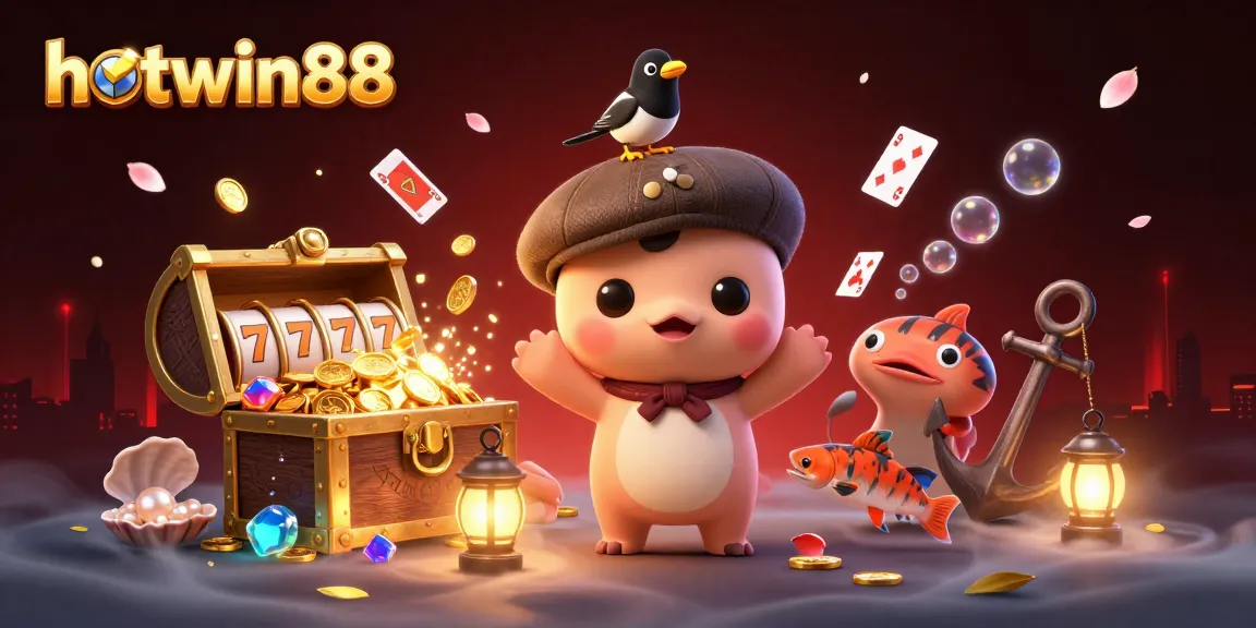 Experience the excitement of hotwin88 with a vibrant casino-themed illustration showcasing dynamic gaming elements.