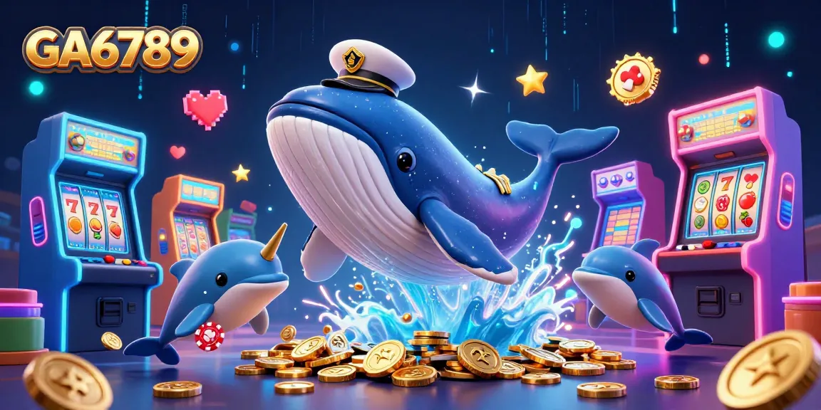 GA6789 unleashes a vibrant casino experience with a whale, narwhal, and dolphins amidst coins and game machines.