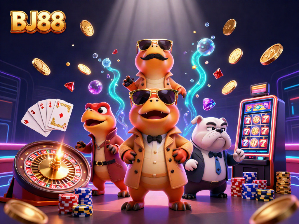 BJ88 immerses players in casino excitement with three raptors in a trench coat entering a VIP lounge.