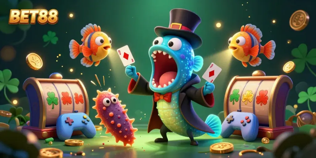 Experience the thrilling magic of BET88 with a bioluminescent eel performing card tricks amidst colorful casino elements.