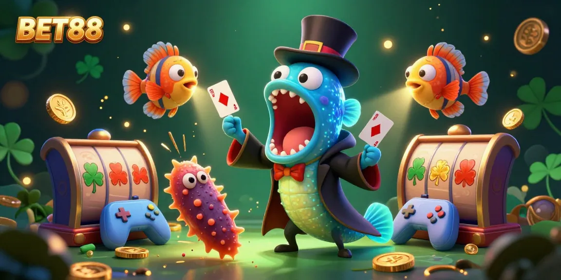 Experience the thrilling magic of BET88 with a bioluminescent eel performing card tricks amidst colorful casino elements.