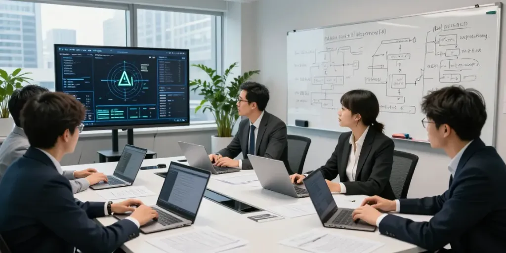 Enterprise AI development team collaborating on predictive models and workflows in a modern lab setting.