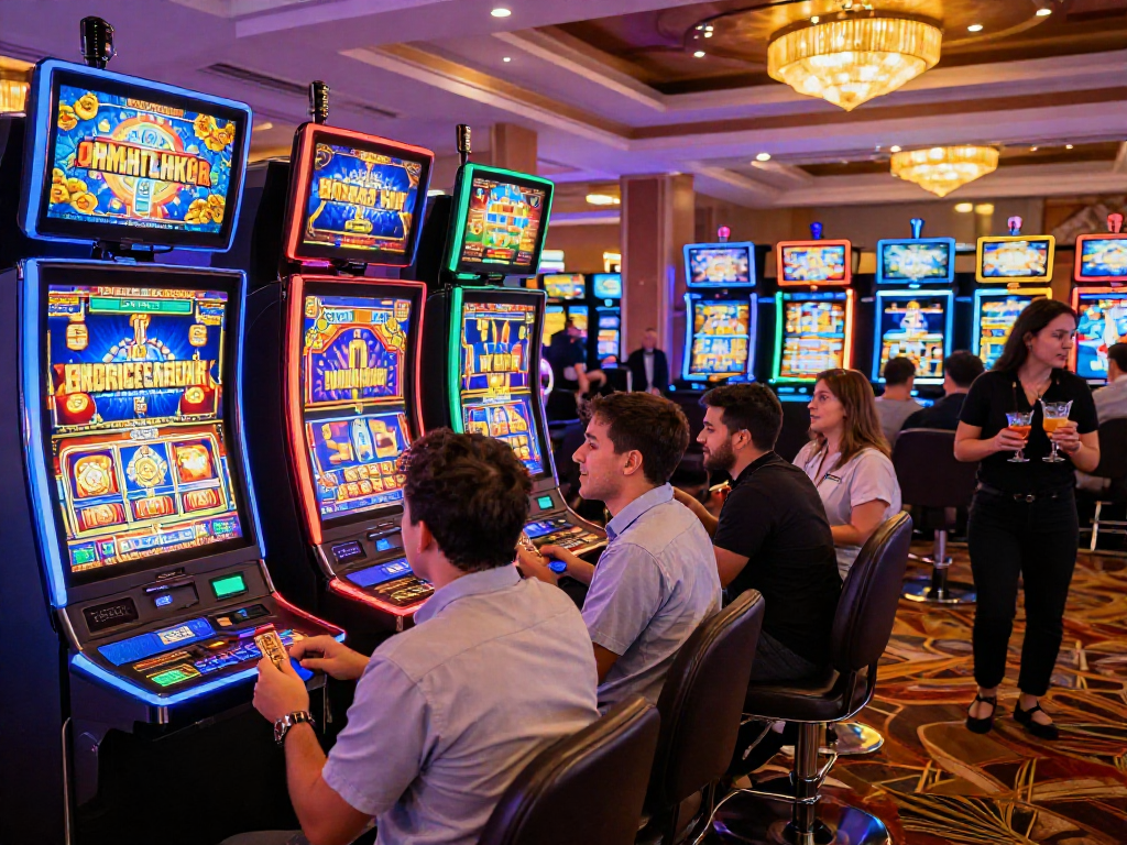 Excited group players celebrating slot jackpot wins in vibrant casino atmosphere