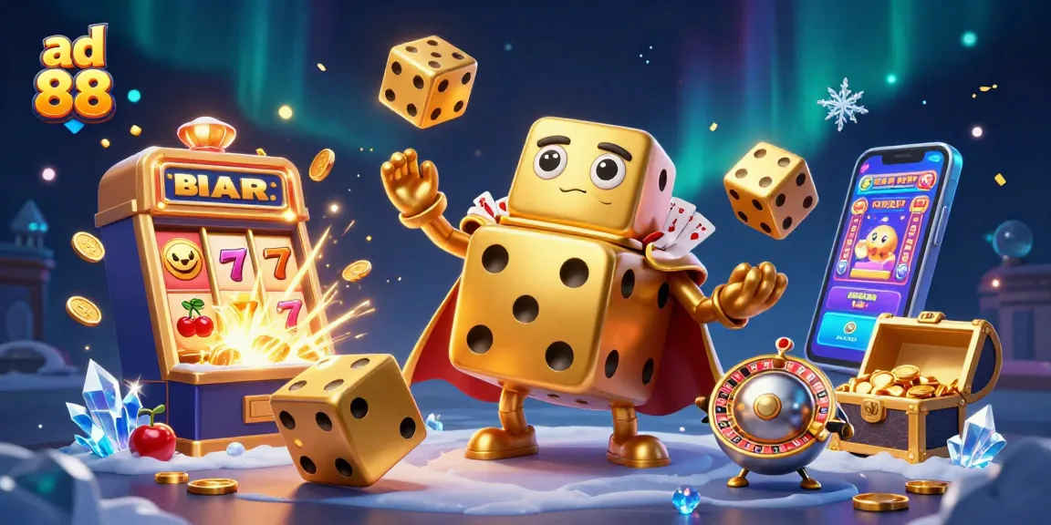 Experience excitement with ad 88 as the animated dice golem and casino elements create a lively scene.