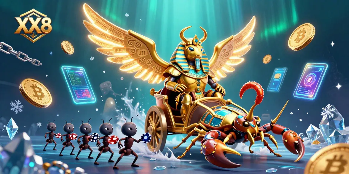 Experience the thrill of XX8 with vibrant 3D gaming elements featuring a golden scarab.