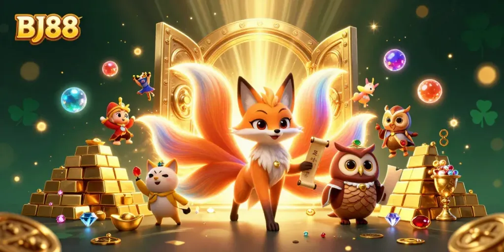 BJ88 captures thrilling casino action with colorful spirits and treasure in a vibrant 3D scene.