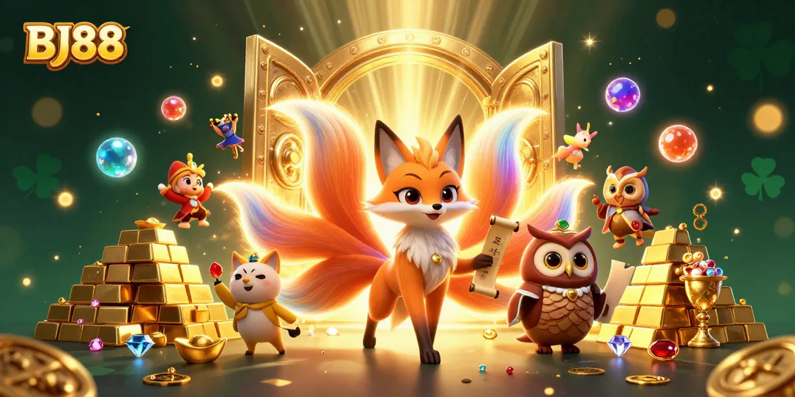 BJ88 captures thrilling casino action with colorful spirits and treasure in a vibrant 3D scene.