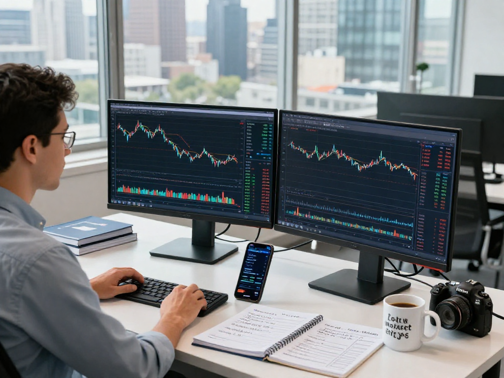 Trader analyzing market data on TradingView in a modern office workspace.