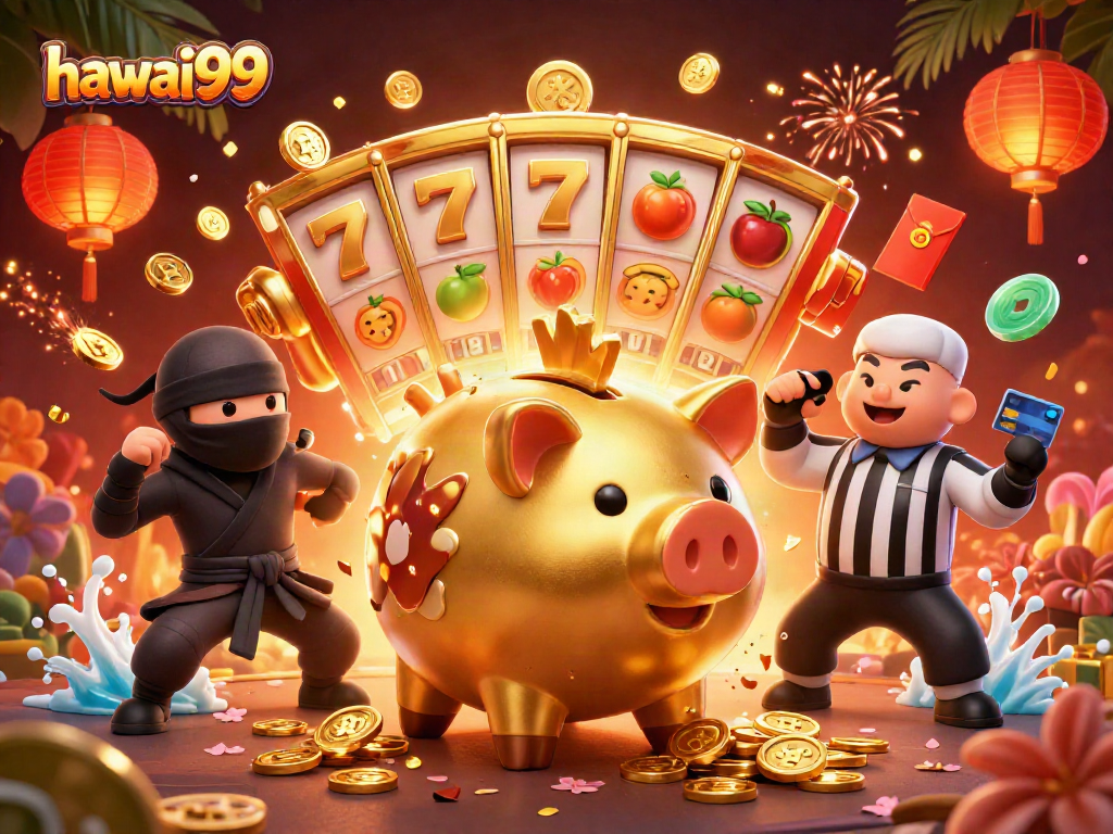 Experience hawai99 excitement with a dynamic casino scene featuring vibrant characters and rich gaming elements.