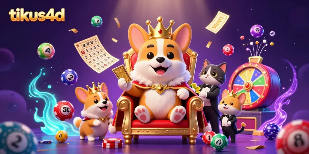 Menang di tikus4d dengan corgi kerajaan yang duduk di atas tumpukan chip poker, dikelilingi bola lotere berwarna-warni.