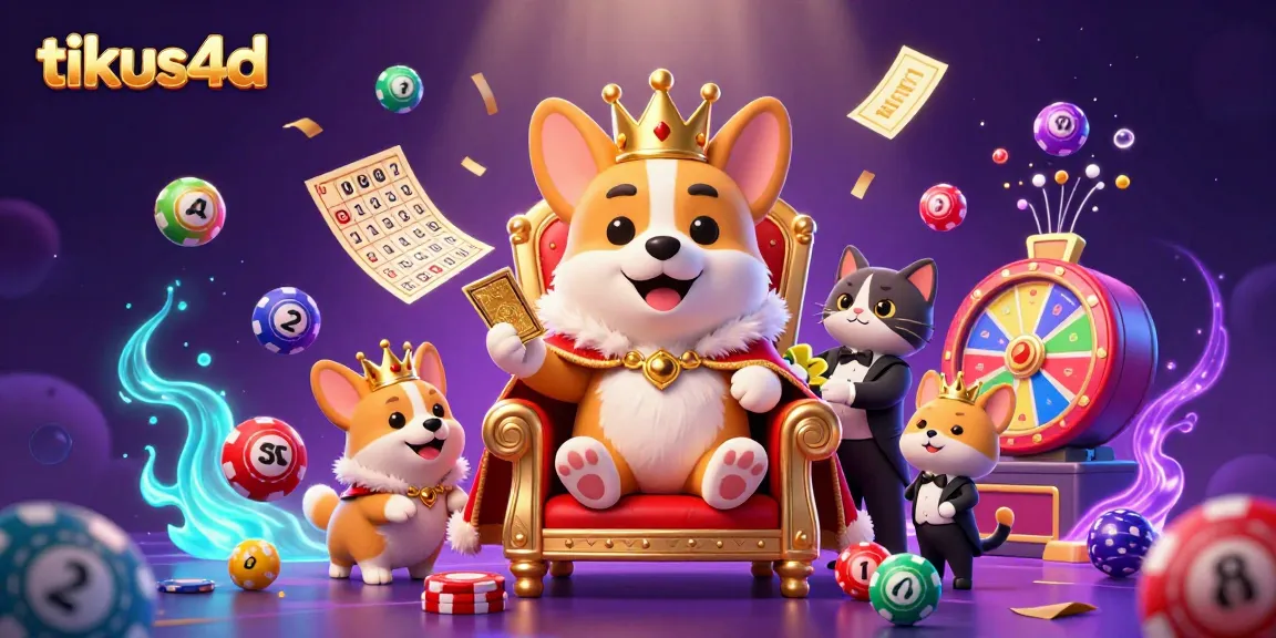 Menang di tikus4d dengan corgi kerajaan yang duduk di atas tumpukan chip poker, dikelilingi bola lotere berwarna-warni.