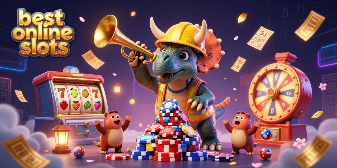 Enjoy the best online slots with this vibrant 3D scene of cartoon dinosaurs celebrating a big win.