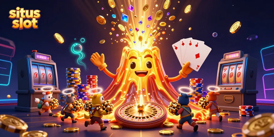 Experience exciting gameplay at situs slot with magical golden erupting volcano overflowing with treasures.