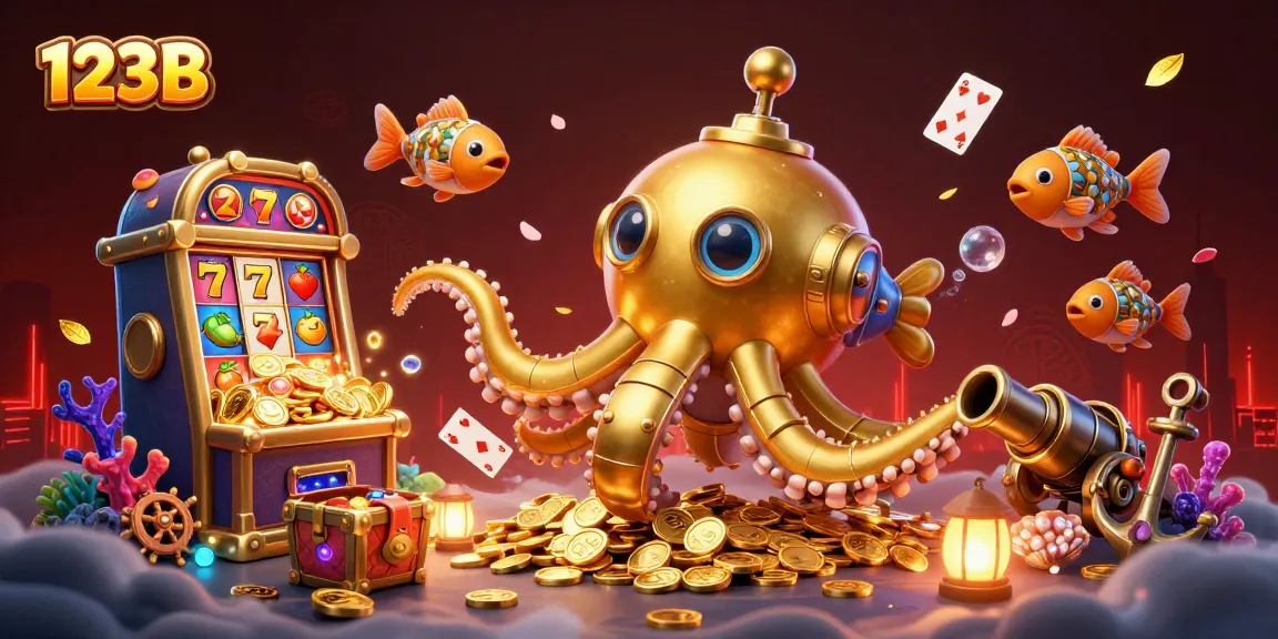 Engage with 123B's vibrant gameplay featuring a golden kraken submarine and floating slot symbols.