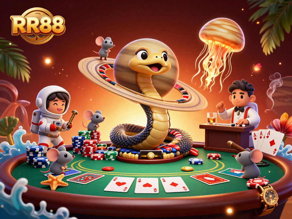 Experience the excitement of RR88 with astronaut mice betting on the roulette wheel in a vibrant cosmic casino scene.