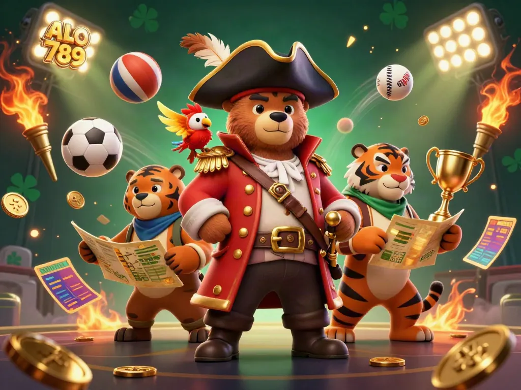 Bet on ALO 789 with a pirate captain bear and tiger in an action-packed casino scene.