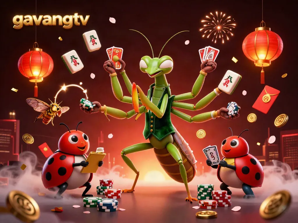 Gavangtv showcases an energetic scene of gambling with a praying mantis dealer and ladybug pit boss amidst vibrant casino elements.