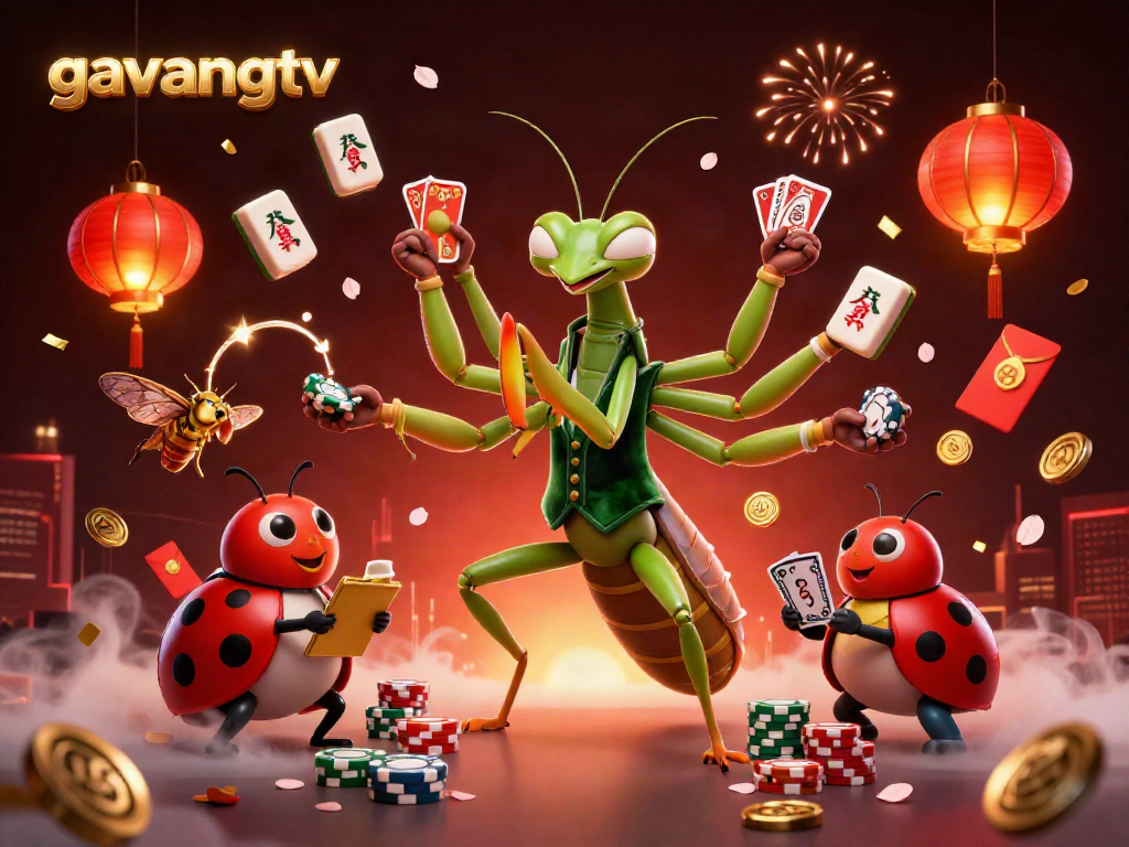Gavangtv showcases an energetic scene of gambling with a praying mantis dealer and ladybug pit boss amidst vibrant casino elements.
