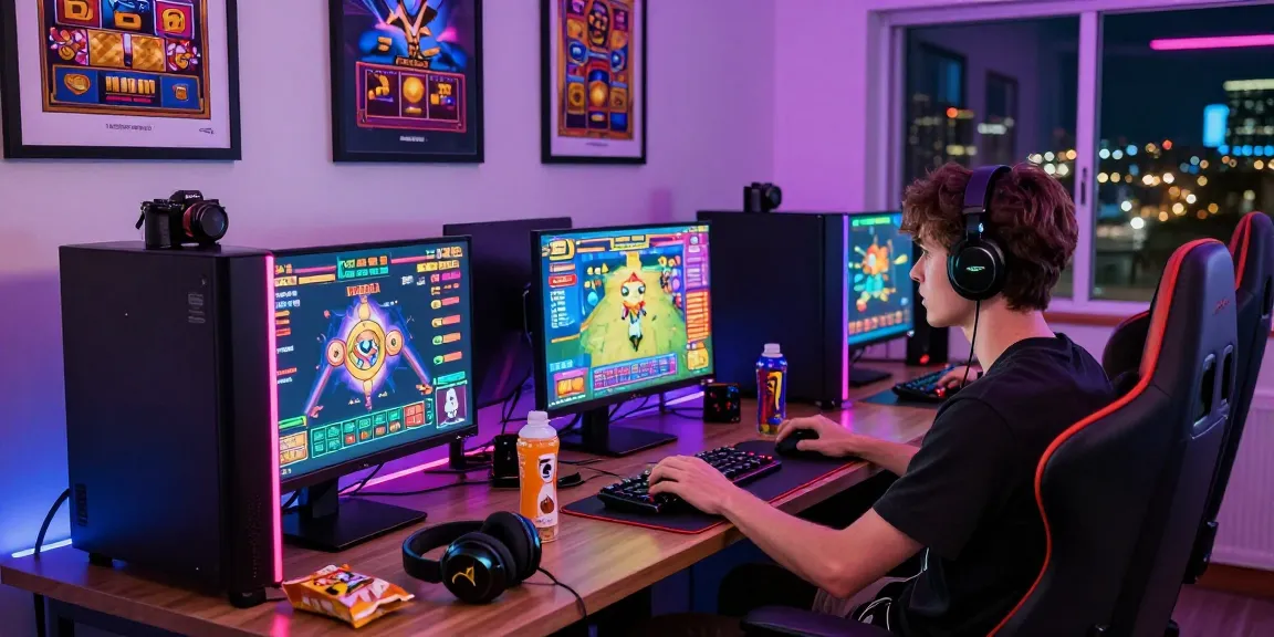 Dynamic online gaming scene with link gacor slot game interfaces, vibrant atmosphere, and gaming accessories