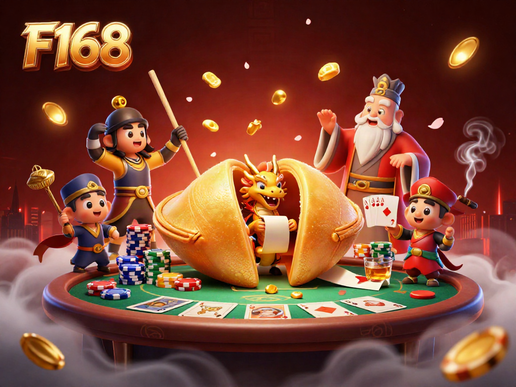 Experience thrilling gaming action with F168 fortune cookie adventure and poker scene.
