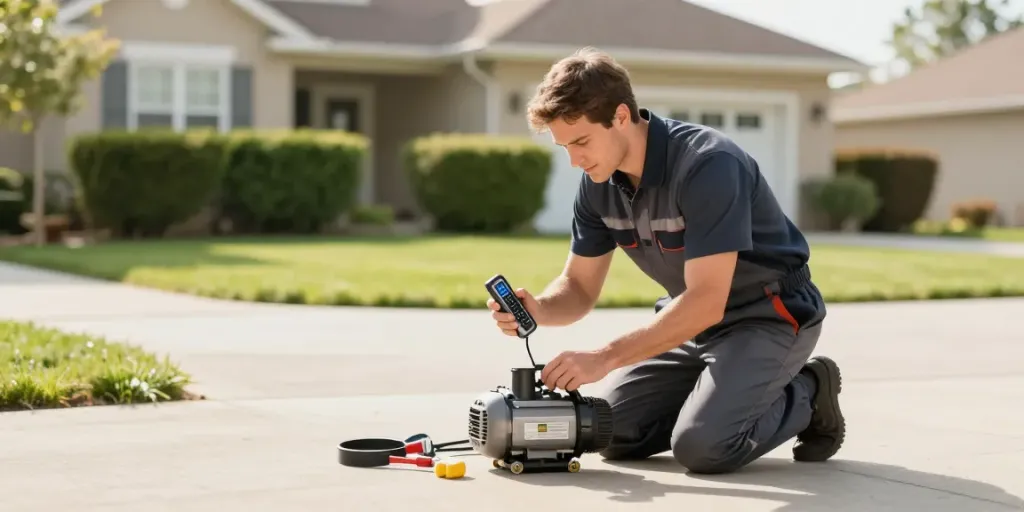 Garage door remote not working fixed by a professional technician in a sunny suburban setting.
