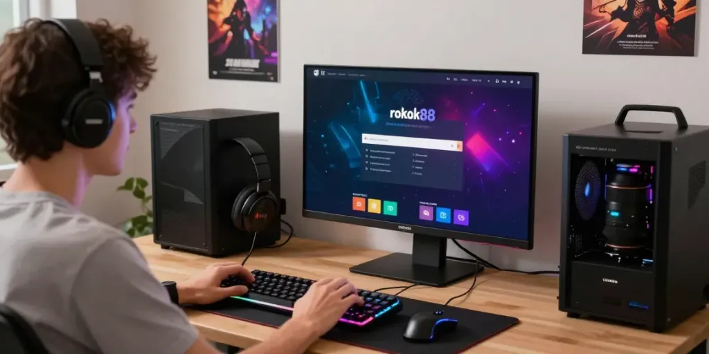 User engaged in the rokok88 login process on a stylish gaming setup, showcasing vibrant interface and colorful peripherals.