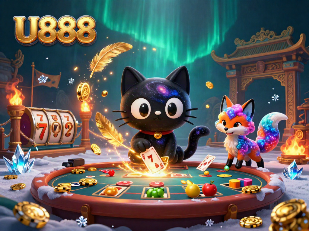 Engage with U888's cosmic casino adventure featuring a black hole cat and nebula fox.