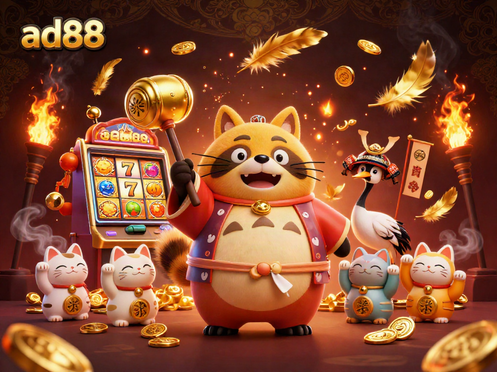 Engage with ad88’s vibrant casino world featuring a lucky tanuki and exciting slot action.