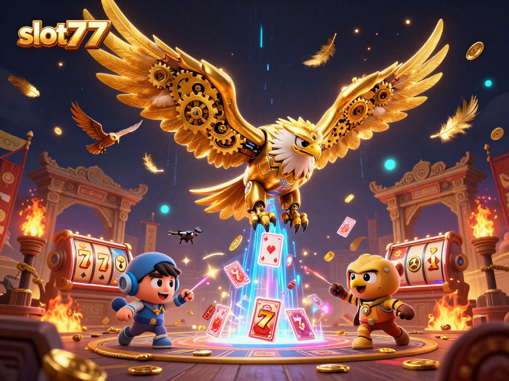 Slot777 menampilkan elang cybernetic dengan efek kartu bermain yang mengagumkan.