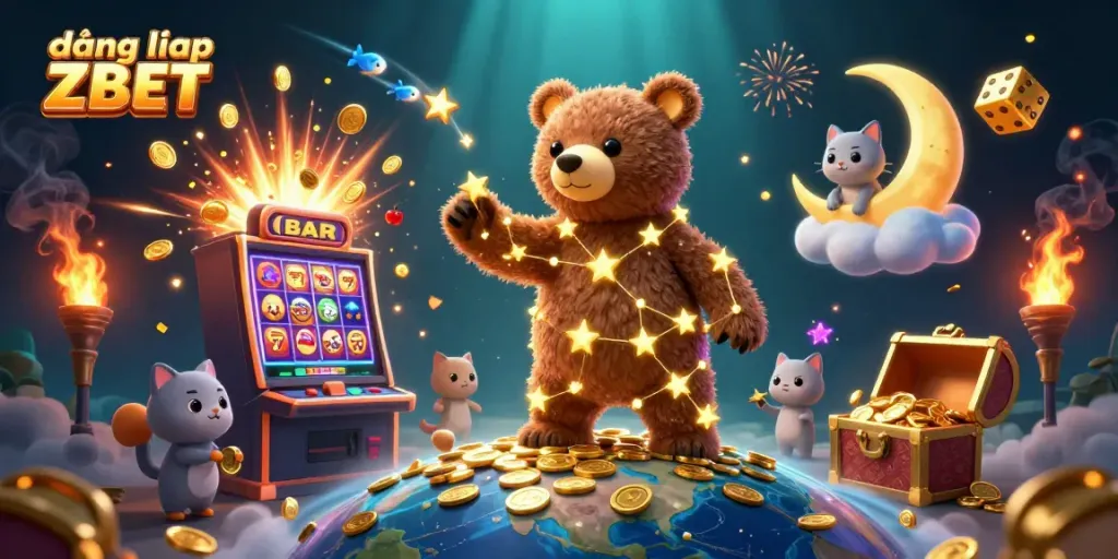 Experience the excitement of đăng nhập ZBET with a dynamic 3D casino scene depicting a constellation bear, coins, and slot machine bursts.
