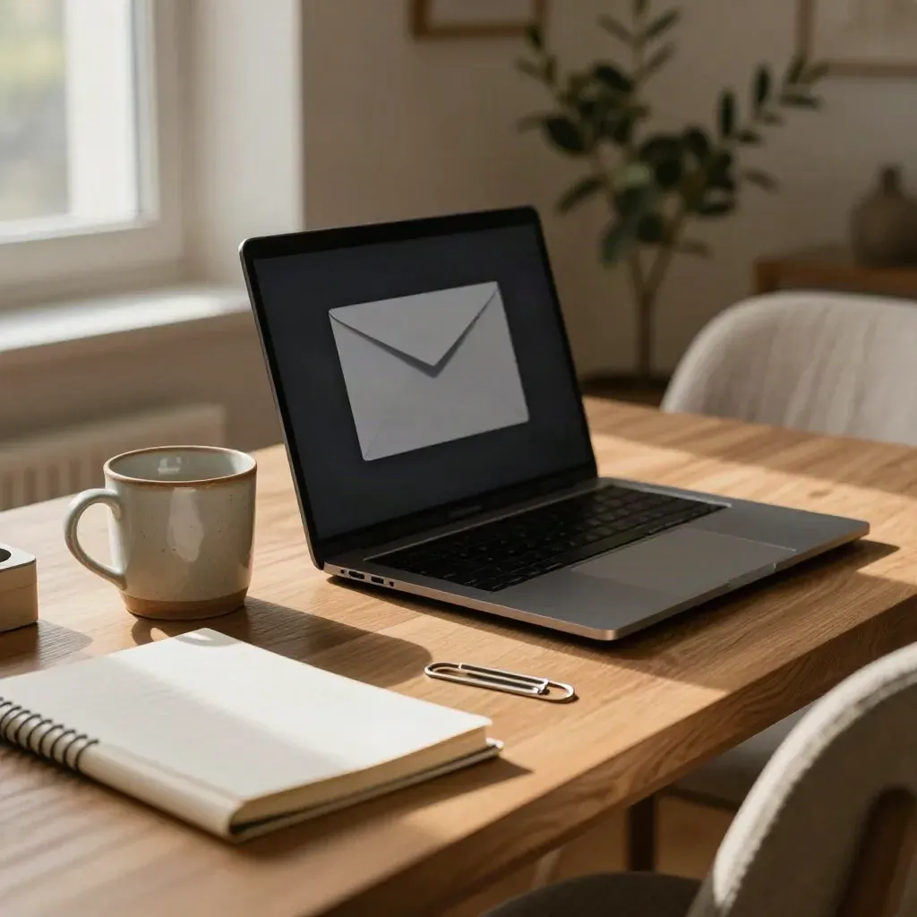 Home office desk with angled laptop, mug, closed notebook and paperclip tin in soft morning light.