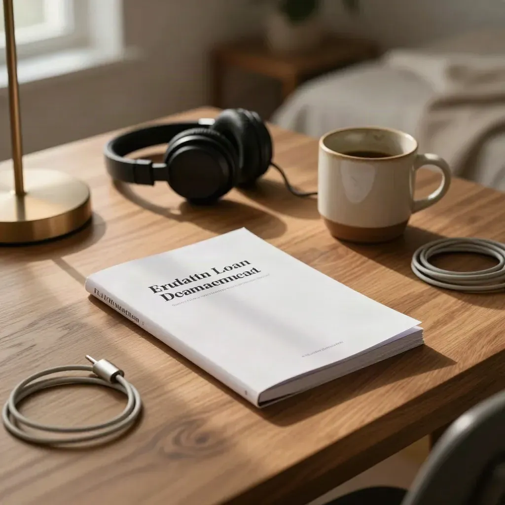Warm dorm desk with loan booklet, headphones, mug, and lamp base in soft window light.
