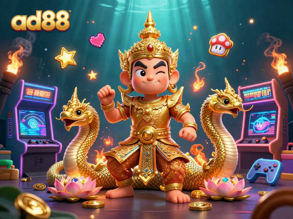Experience the adventure of ad88 with dynamic gaming elements and guardians in a vibrant casino scene.