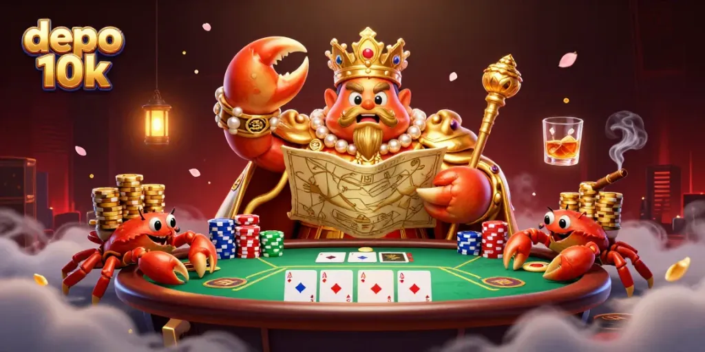 Experience the excitement of depo 10k with a golden crab emperor, poker elements, and vibrant casino atmosphere.