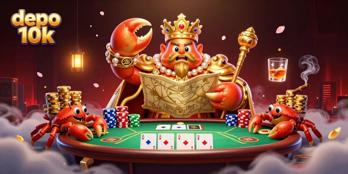 Experience the excitement of depo 10k with a golden crab emperor, poker elements, and vibrant casino atmosphere.
