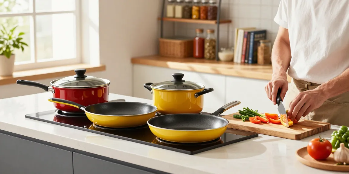 Non-Stick Cookware price in bangladesh showcased with vibrant cooking scene in a bright kitchen.