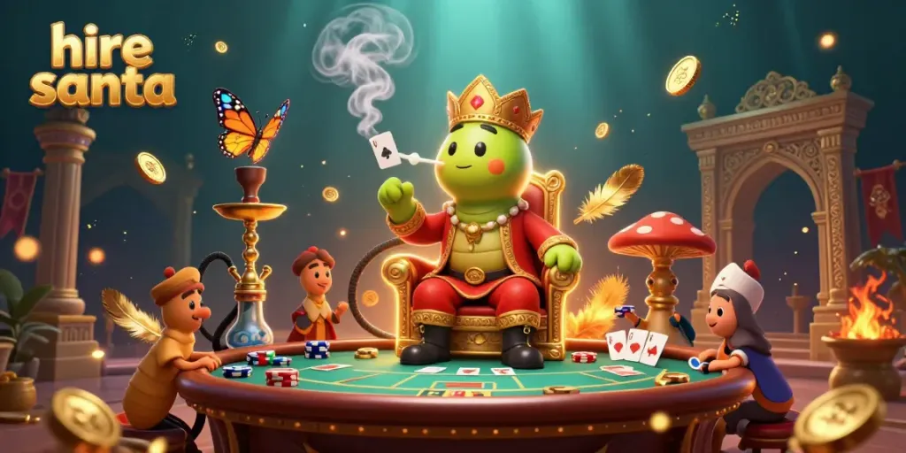 Hire Santa while playing poker with our engaging 3D illustration featuring festive atmosphere.