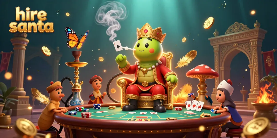 Hire Santa while playing poker with our engaging 3D illustration featuring festive atmosphere.