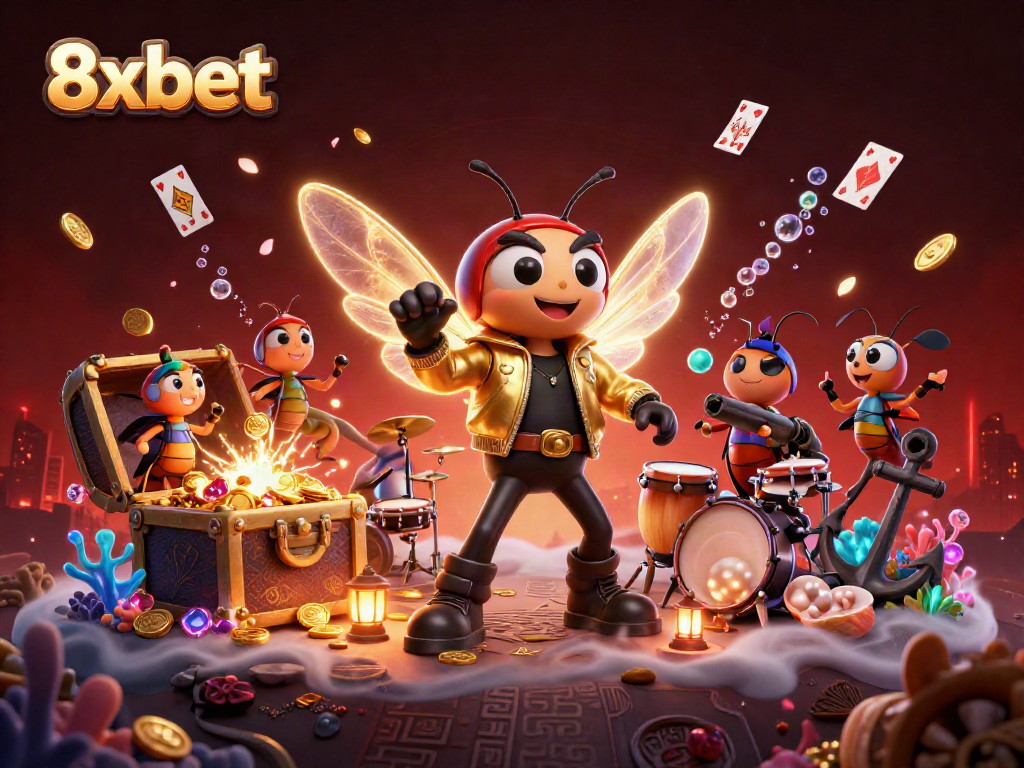 Experience the thrill of 8xbet with vibrant casino elements in a dynamic 3D illustration scene.