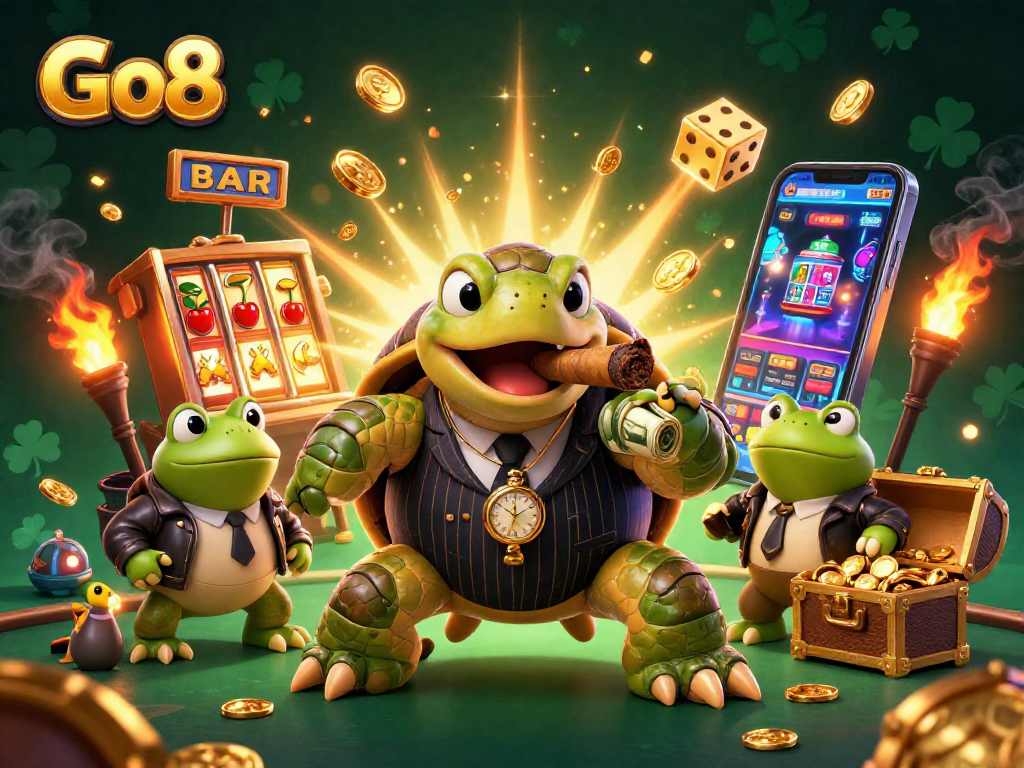Experience excitement with Go8's turtle mobster and frog enforcers in a vibrant casino scene.