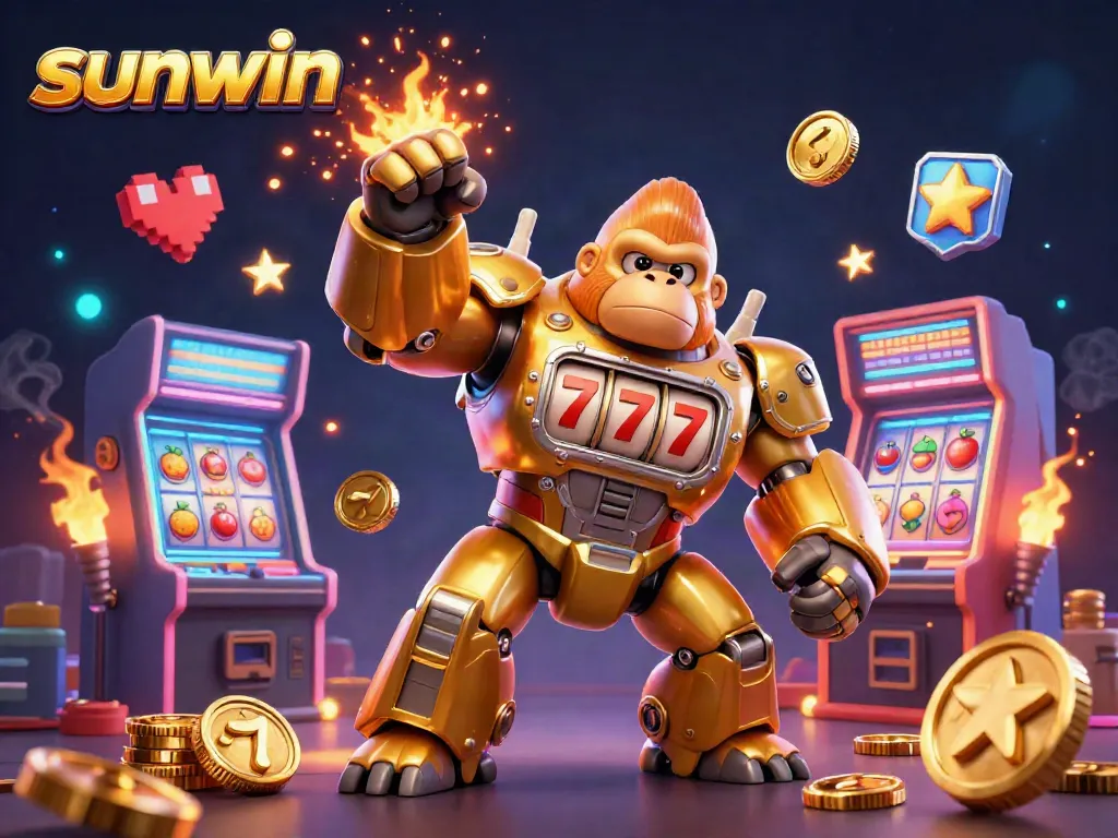 Engage with sunwin's vibrant slot gaming scene, featuring a golden gorilla mech and dynamic arcade elements.