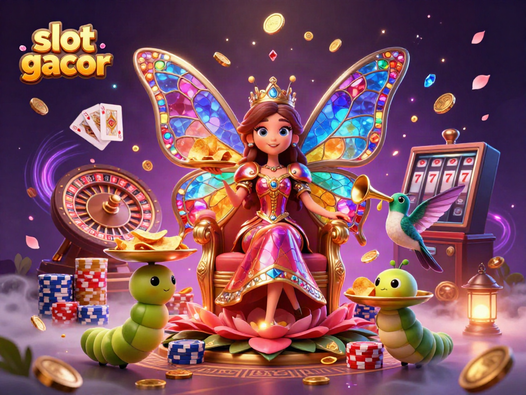 Engaging scene with slot gacor represented by a butterfly queen and casino elements like coins and cards.
