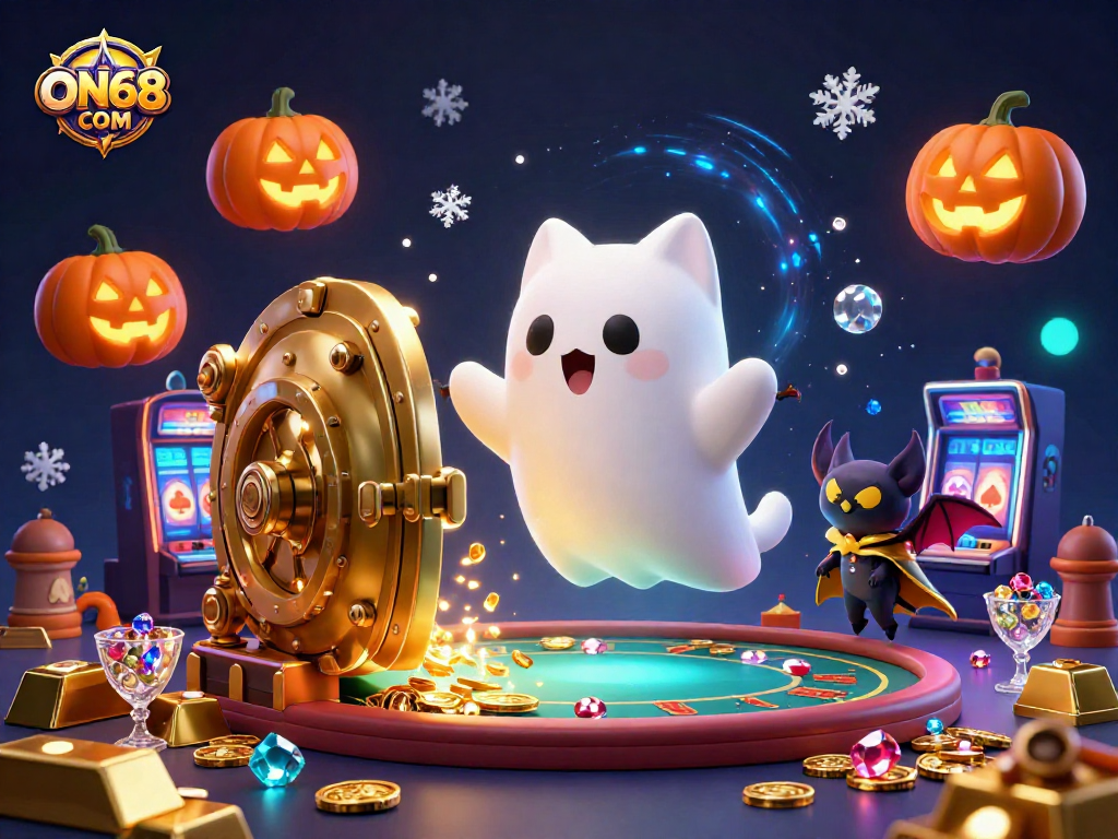 Experience the excitement of winning at ON68 COM with ghost cat characters and vibrant casino themes.