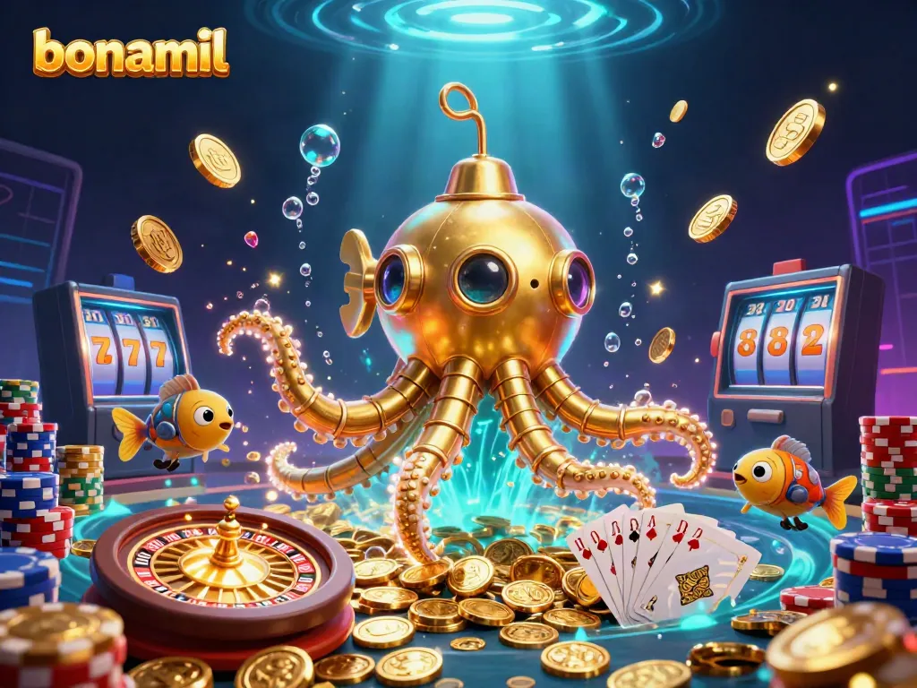 Gulirkan permainan kemenangan dengan Bonamil di lautan koin emas dan mesin slot!