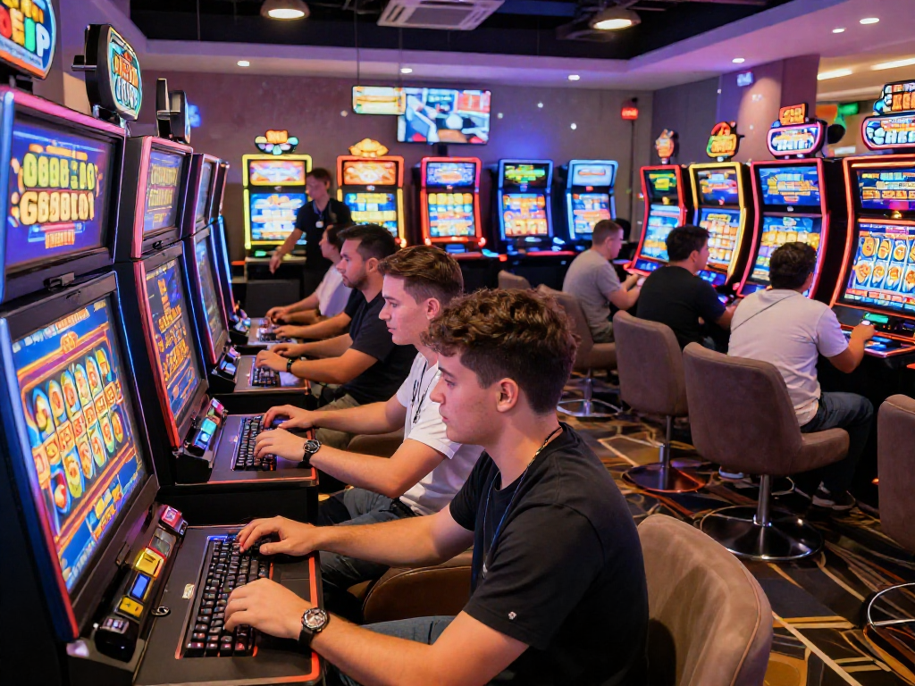 Players enjoying slot88 games at a vibrant online casino venue, showcasing excitement and engaging atmosphere.
