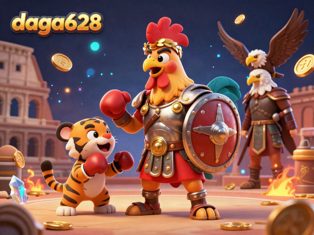 daga628 brings exciting cockfighting action in a dynamic arena filled with energy, featuring cartoon characters and vibrant elements.